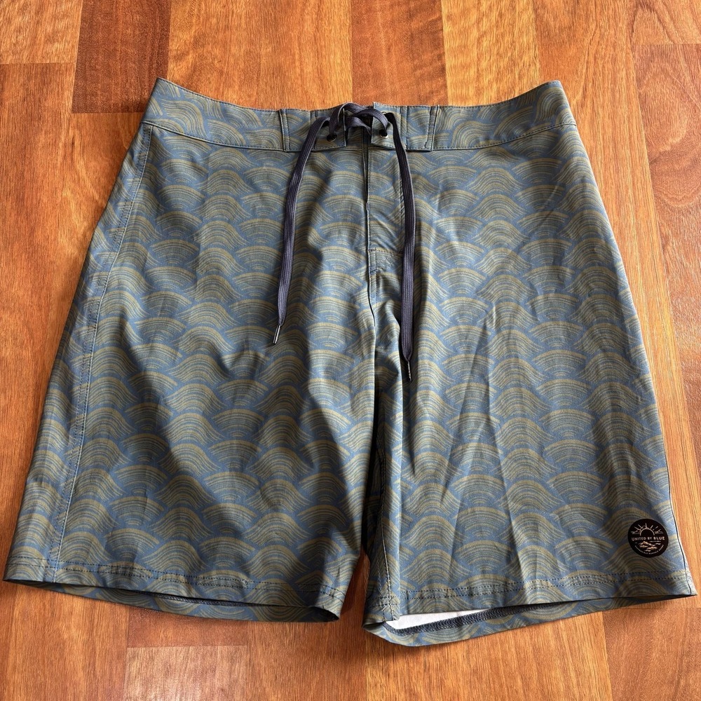 United By Blue Shorts Mens 32 Blue Geometric Board Shorts Swim Trunks Quick Dry